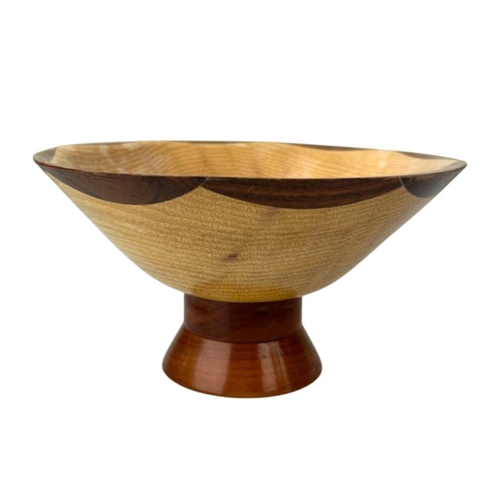 Marquetry Wooden Pedestal Bowl Donald Sprengr Made in Idaho USA Natural Boho